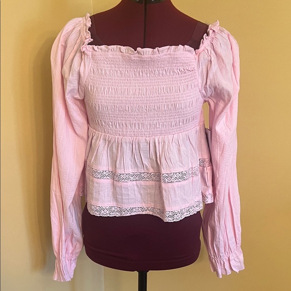 Celebrity Pink Tops - Cottagecore pink smocked milkmaid top puffed sleeves lace trim size medium